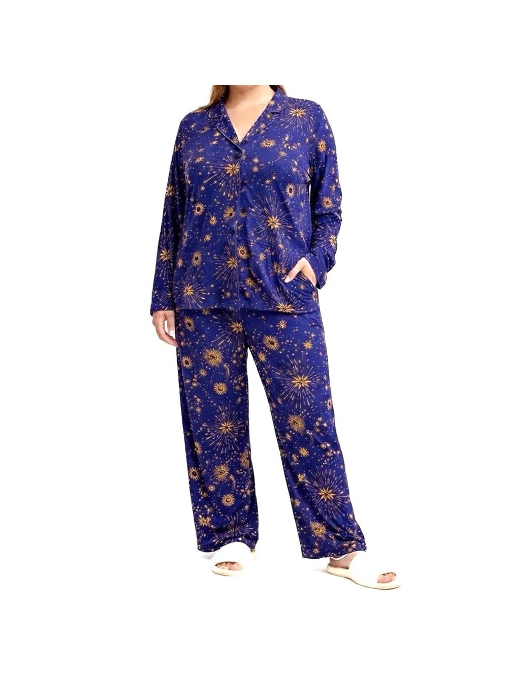 NEW-Room Service Women's Shawl Collar Lounge Pajama Set Blue Celestial Star/Moon - Picture 3 of 14